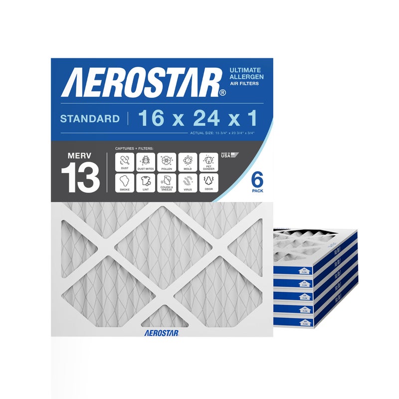 Aerostar 16x24x1 MERV 13 Air Filter, 6 Count, ACTUAL SIZE (15.75 x 23.75 x 0.75 ), HVAC, Air Conditioning & Furnace Filter for Allergies, Dust, Pet Dander & Smoke (MPR 1500 / FPR 10), Made in USA - Image 1